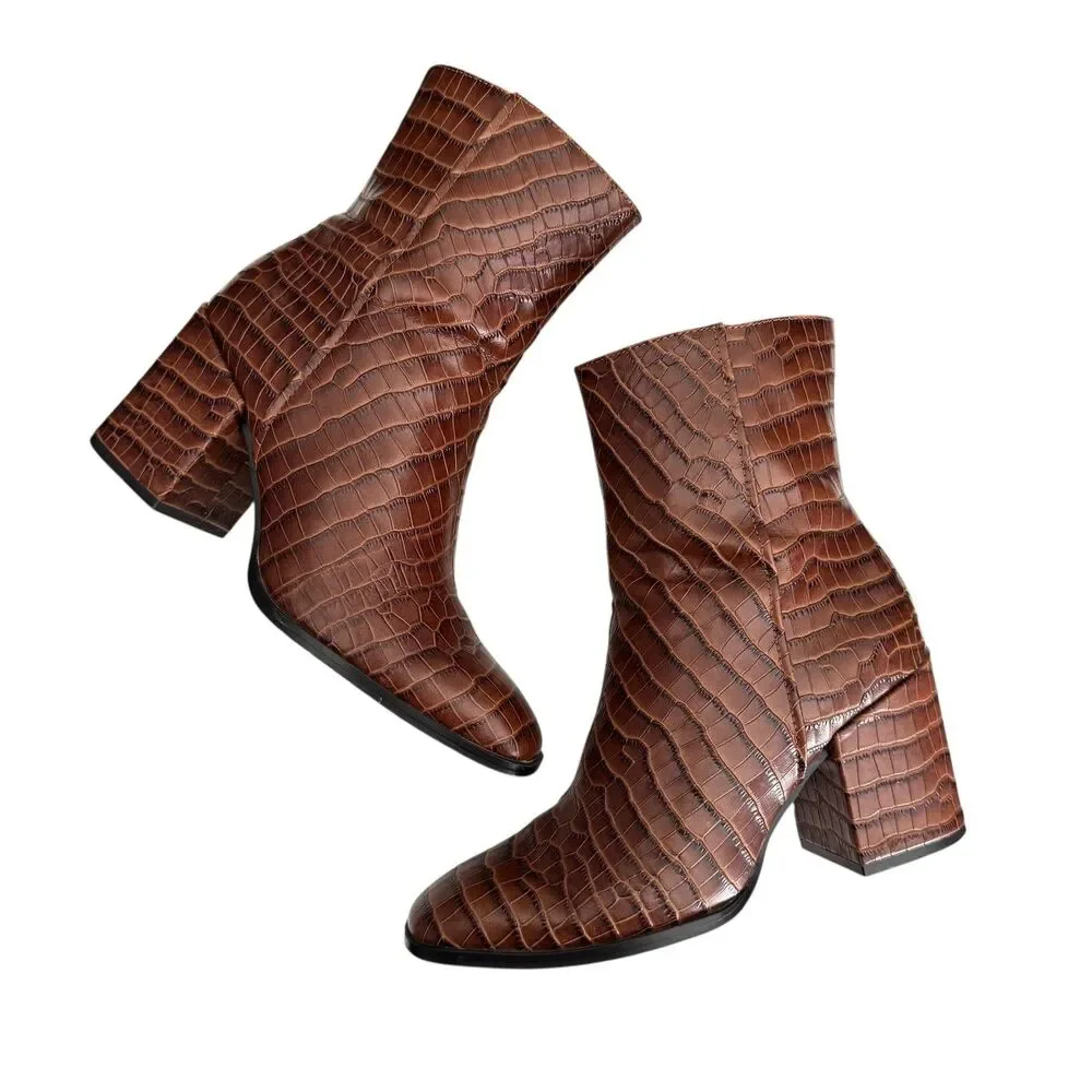 Vionic Harper Croc Boots Womens Size 6 Brown Leather‎ Ankle Block Heel Booties